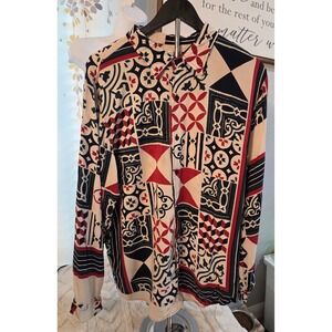 Fashion Nova Men XXL Red Black Patchwork‎ Geometric Viscose Button Down Shirt